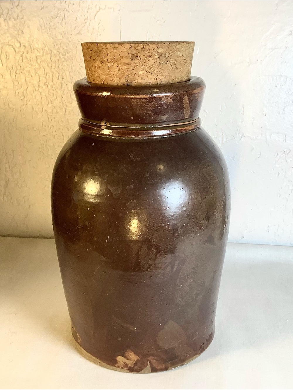 Earthenware Crock Jar with Cork Brown Glaze Primitive Antique